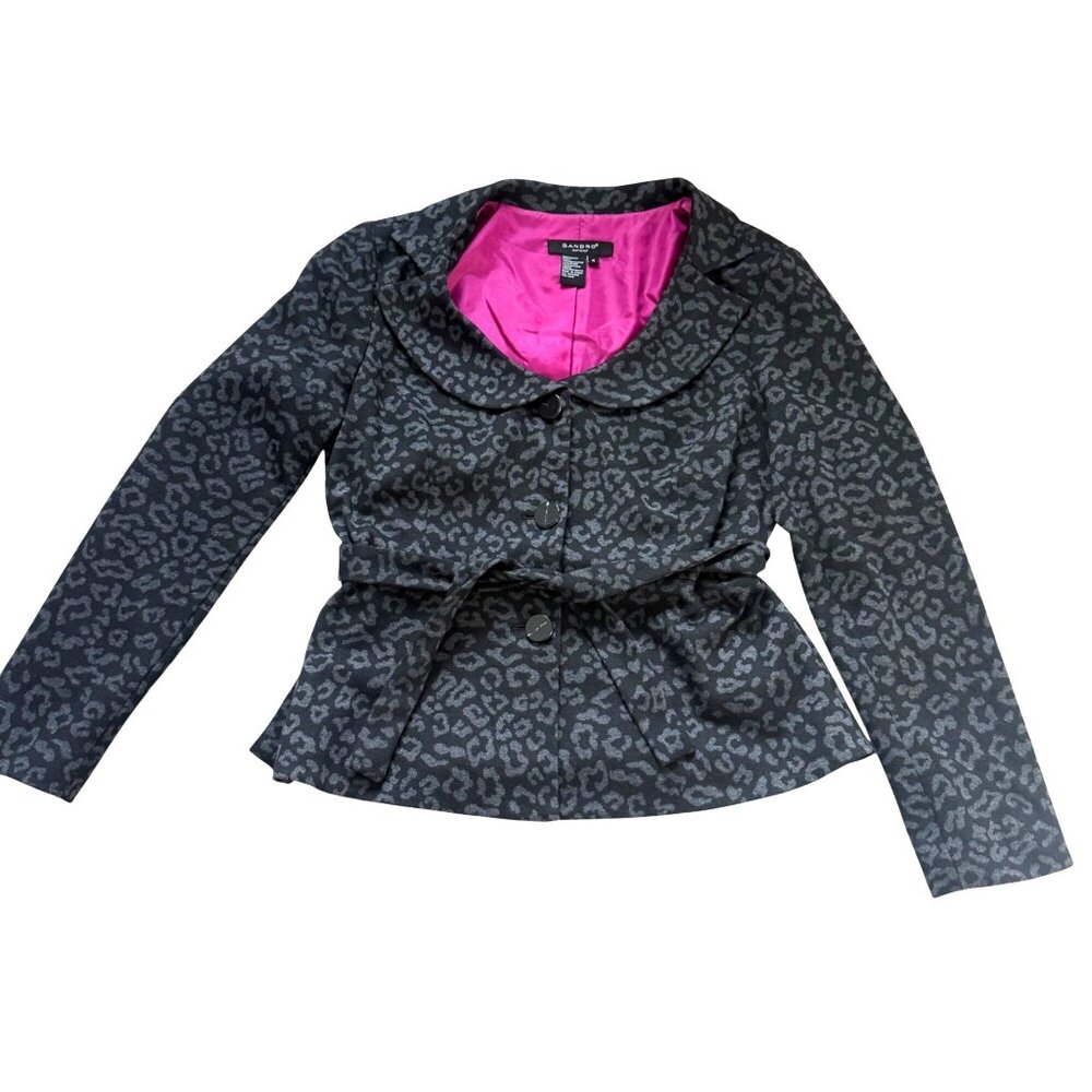 Sandro Women's Blazer Jacket Sz M Black Gray Leopard Animal Print Belted Career